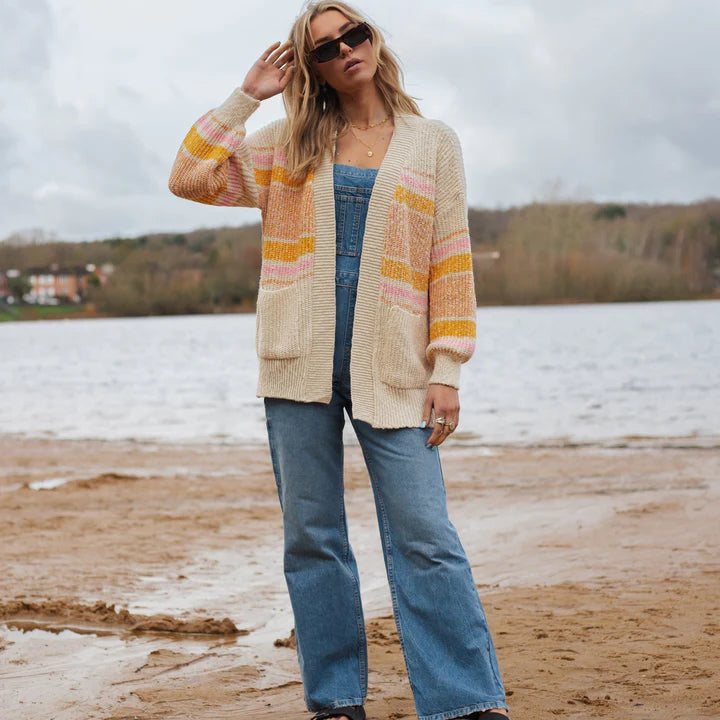 Cara & The Sky Dani Recycled Cotton Blend Chunky Balloon Sleeve Stripe Cardigan White