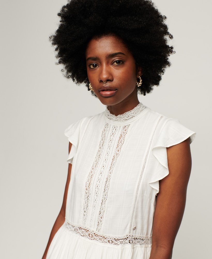 Superdry Studio Lace Mix Dress White - Size: 14