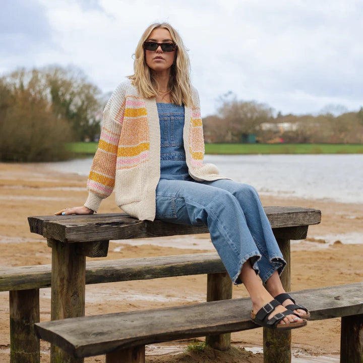 Cara & The Sky Dani Recycled Cotton Blend Chunky Balloon Sleeve Stripe Cardigan White