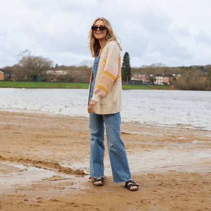 Cara & The Sky Dani Recycled Cotton Blend Chunky Balloon Sleeve Stripe Cardigan White