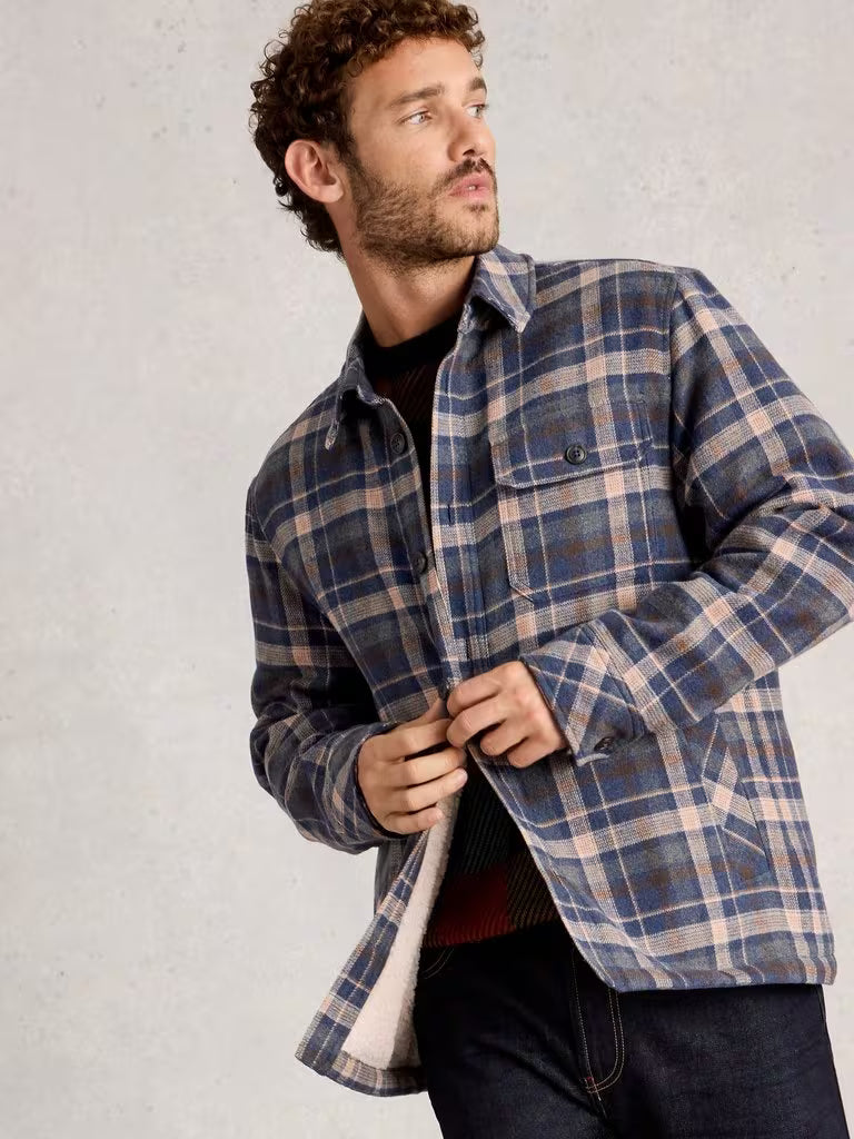 White Stuff Check Borg Trucker Blue White Stuff Clothing Mens overshirt Man wearing a plaid shirt against a plain background