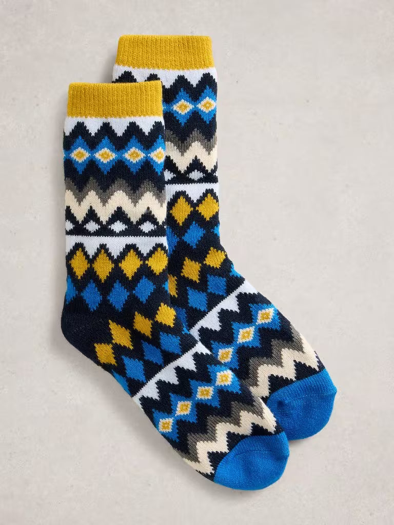 White Stuff Diamond Fairisle Cabin Socks Blue mens Socks White Stuff clothing Fluffy socks from White Stuff