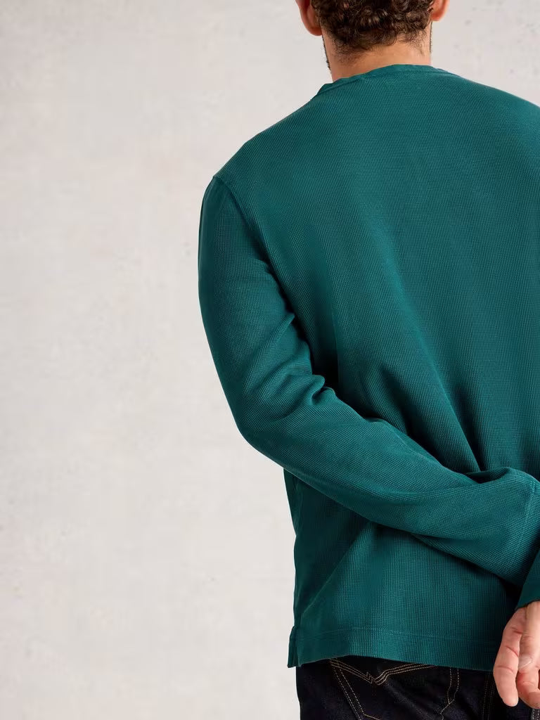 White Stuff Helston Waffle Henley Mid Green