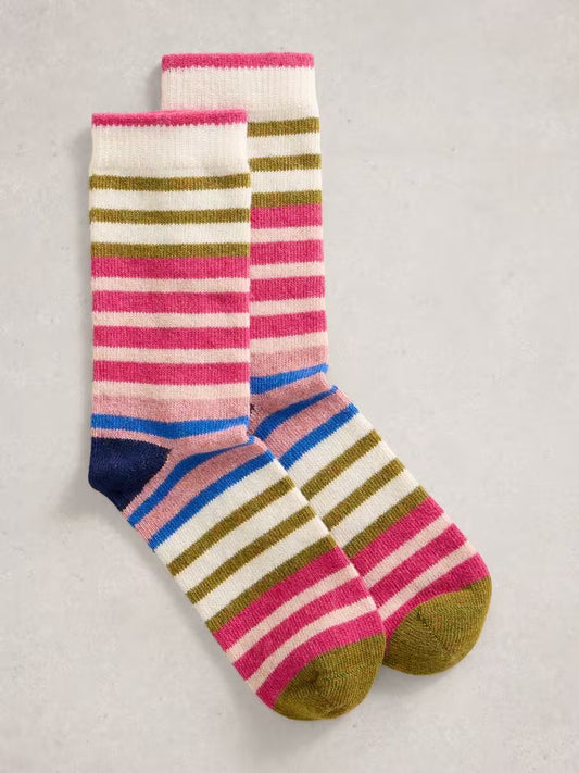 White Stuff Rainbow Stripe Wool Sock Pink Womens Socks White Stuff clothing Pair of colorful striped socks on a light gray background