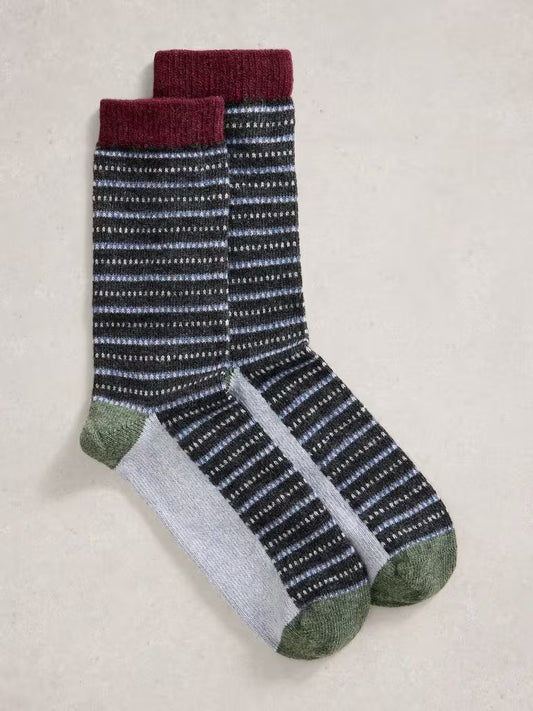 White Stuff Stripe Wool Sock Navy Mens Socks White Stuff clothing  Pair of striped socks with maroon, gray, and green colors on a beige background