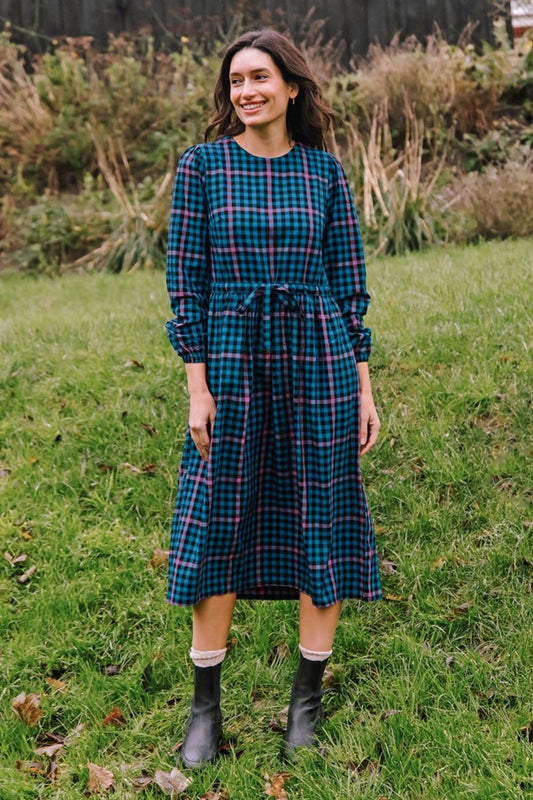 Sugarhill Brighton Yasmin Midi Smock Dress Black/Teal Twilight Gingham
