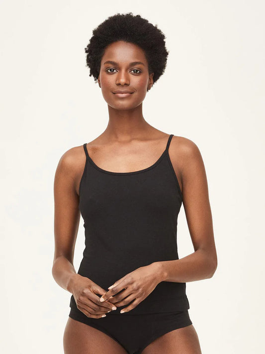 Thought GOTS Organic Cotton Jesery Cami Vest Black. Cami tops. Long vest tops. Thought clothing uk