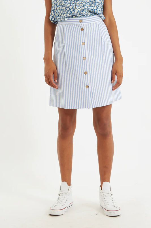 Louche Hela Sail Stripe Button Through A-Line Mini Skirt Blue. Louche Mini skirt. Louche skirt. Womens mini skirt