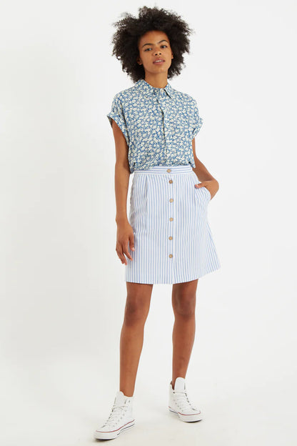 Louche Hela Sail Stripe Button Through A-Line Mini Skirt Blue