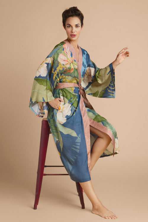 Powder Delicate Tropics Kimono Gown Indigo
