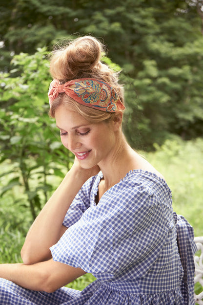 Powder Velvet Embroidered Headband Mediterranean Paisley in Coral. Powder velvet headband. Embellished headband. Womens headbands. Knotted Headband