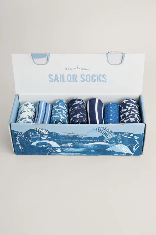 Seasalt Box of 7 Women's Blueprint Socks Cliff Mist Mix