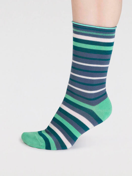 Thought Lucia Bamboo Stripe Socks Misty Blue. Funky socks. Designer socks. Bamboo Socks. Womens Socks