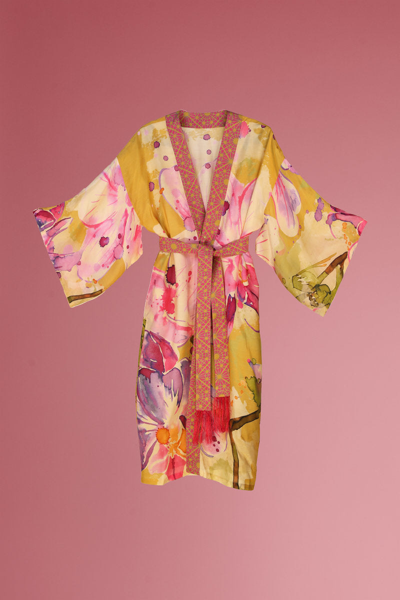 Powder Orchid Kimono Gown Mustard