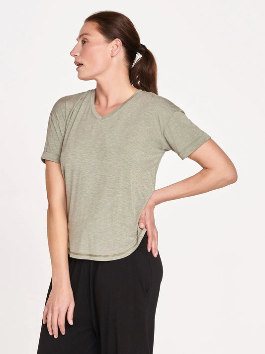 Thought T-Shirt Olive Green Eliza SeaCell™ Blend V-Neck. V-neck T-shirt. Thought clothing. Womens T shirt. Womens tee