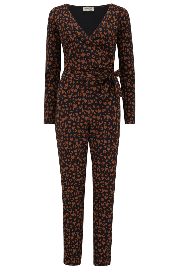 Sugarhill Brighton Xena Jersey Jumpsuit Black/Rust Leopard Love